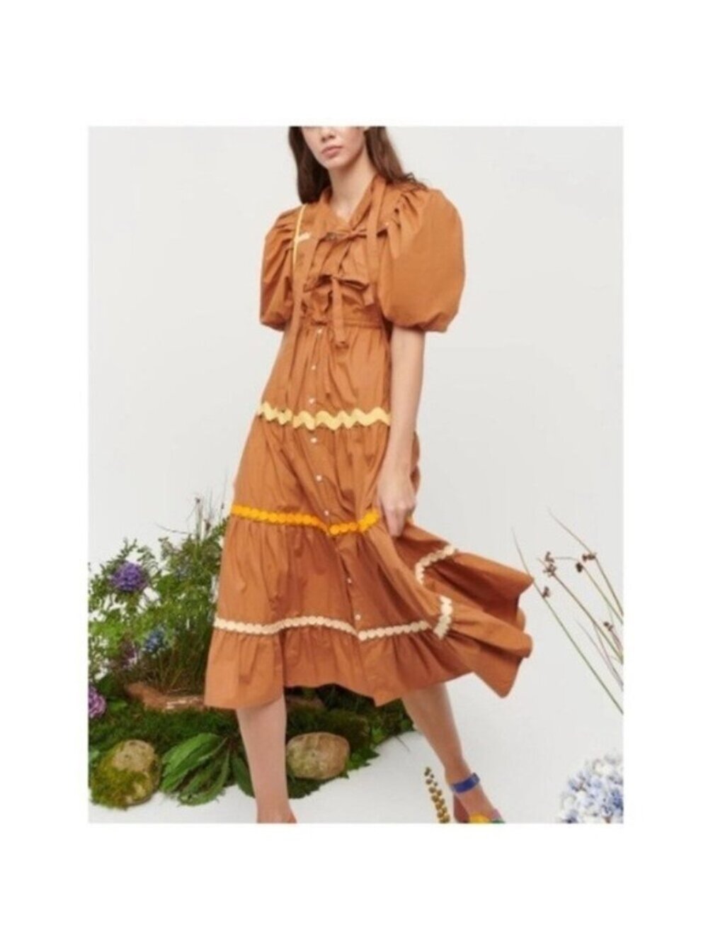Celia B Tyra Brown Puff Sleeve Midi Dress W/ Ric Rac Trim, Size XL, NWT!